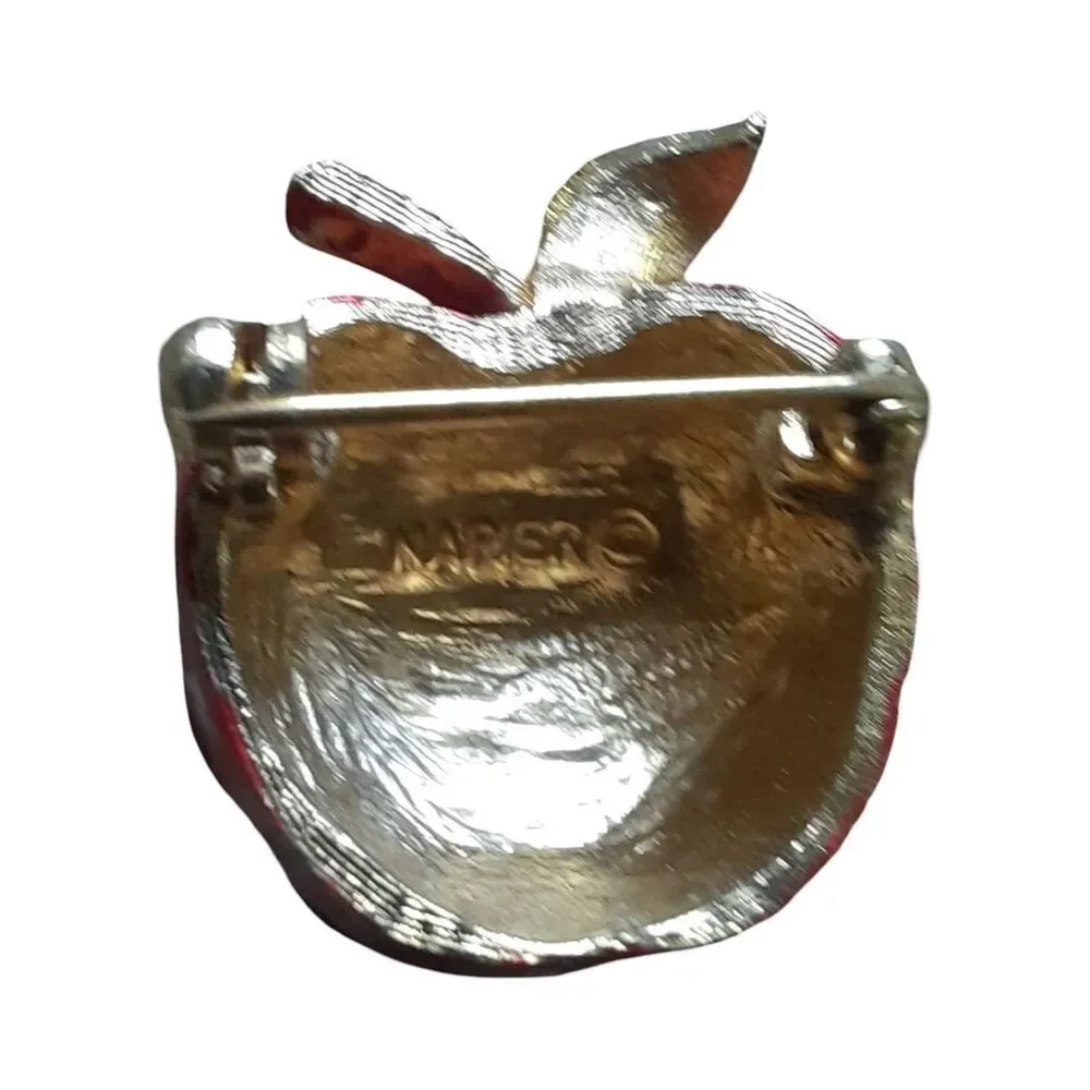 Napier Red Enamel Apple Brooch with Gold Leaves